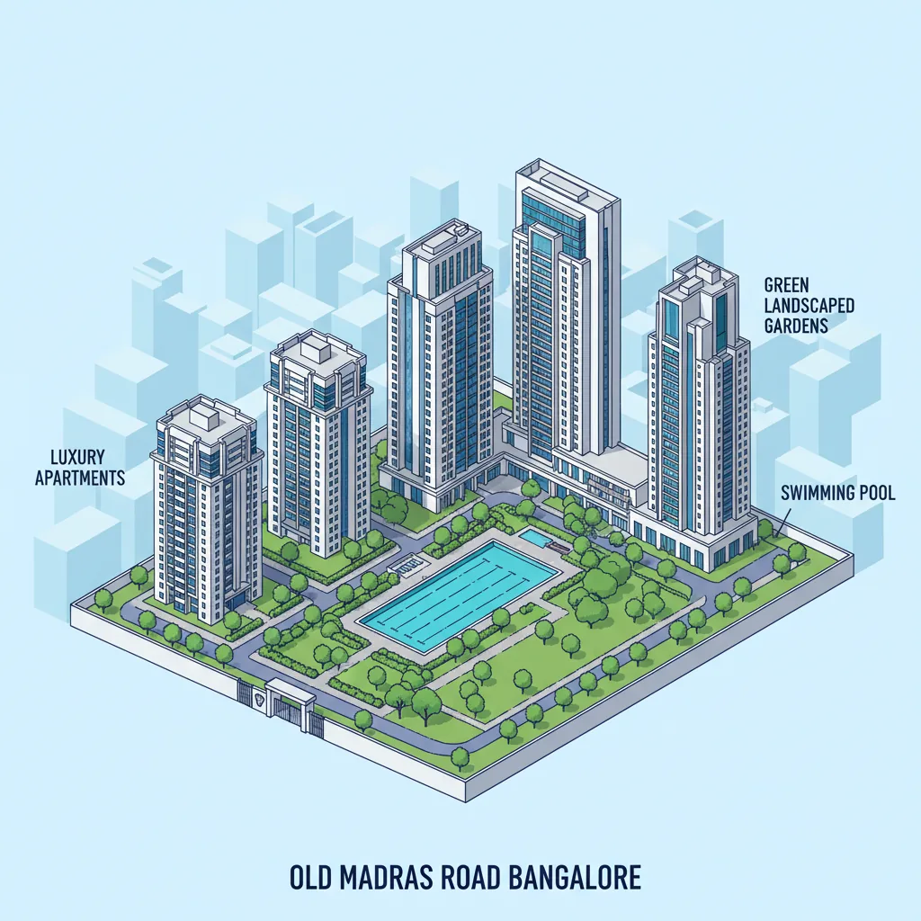 Modern residential gated community with high-rise towers along Old Madras Road Bangalore