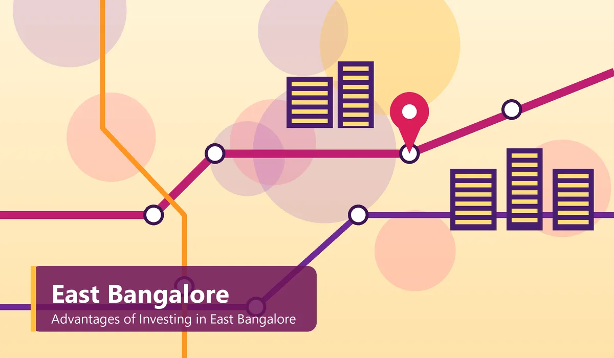 Advantages of Investing in East Bangalore - illustration of a metro and road map with tech park buildings and a location pin