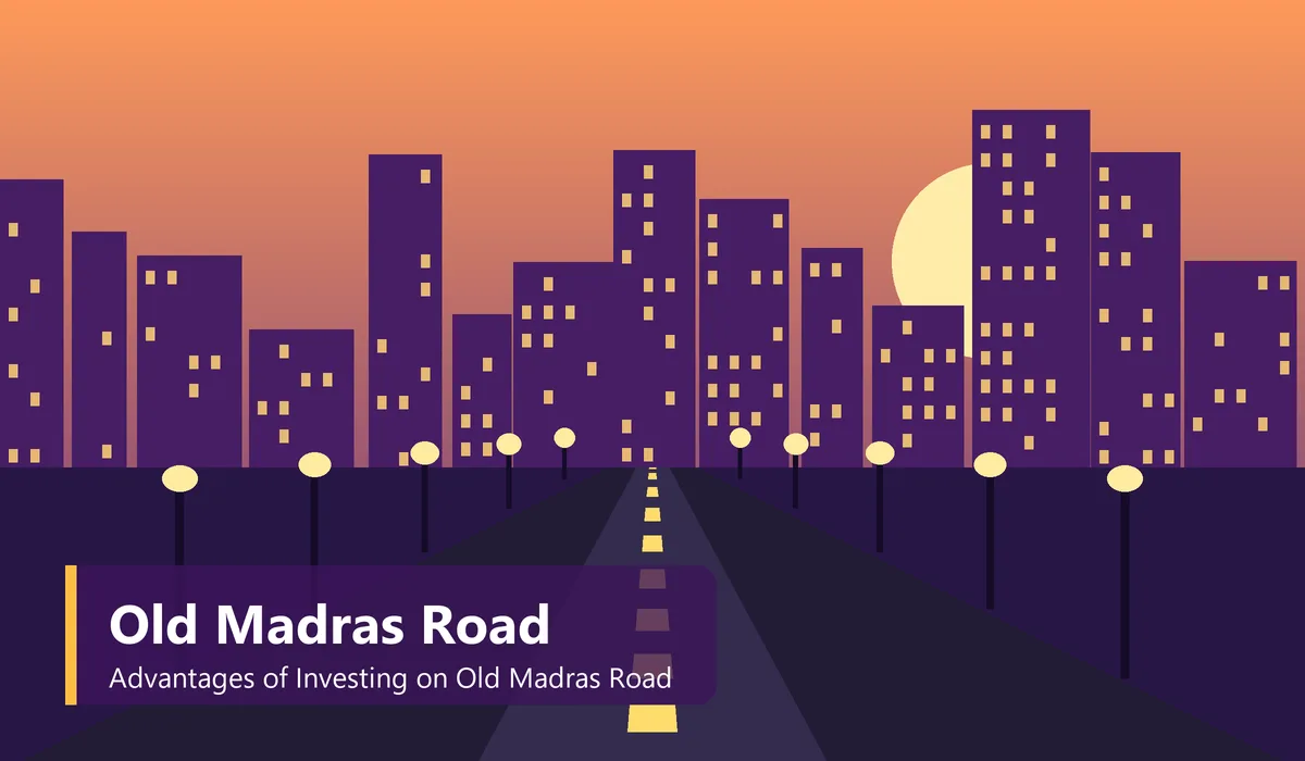 Advantages of Investing on Old Madras Road - illustration of a dusk highway with city towers and street lamps along Old Madras Road in East Bangalore