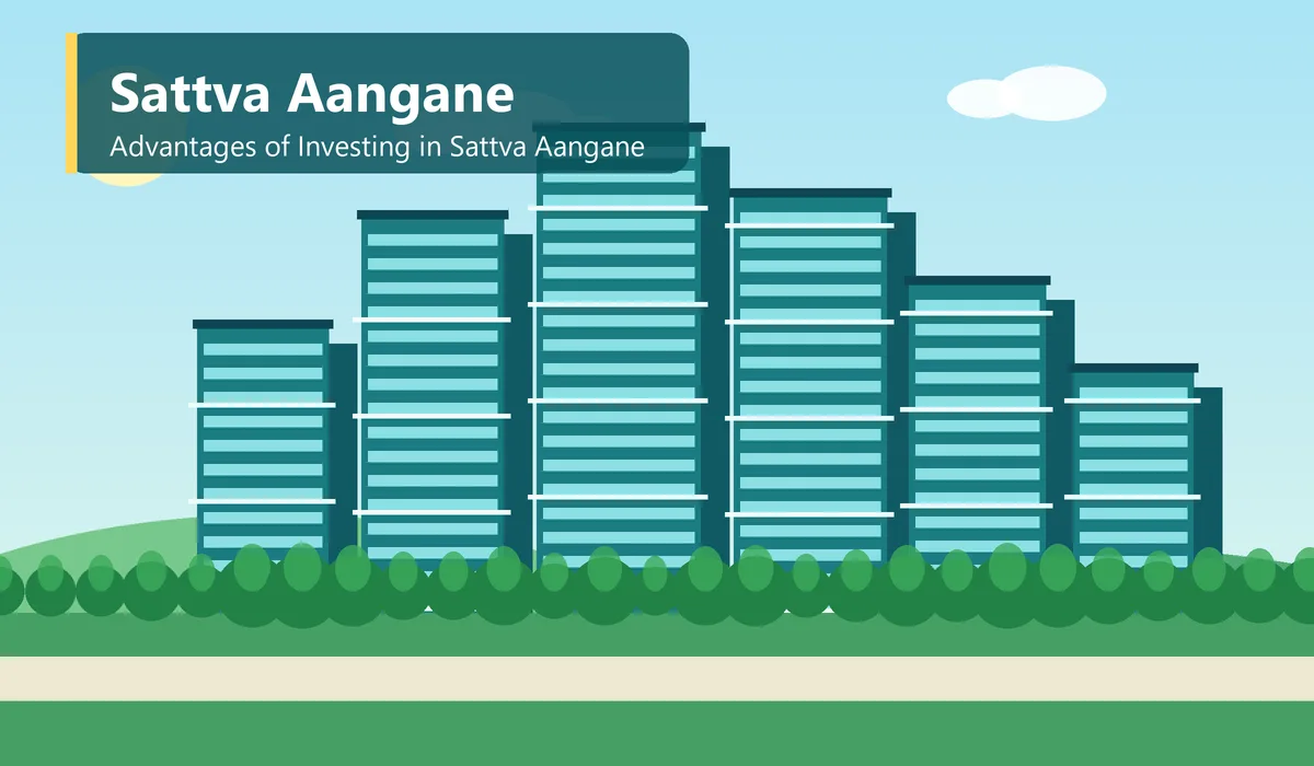 Advantages of Investing in Sattva Aangane - illustration of teal glass high-rise towers surrounded by green gardens under a bright sky