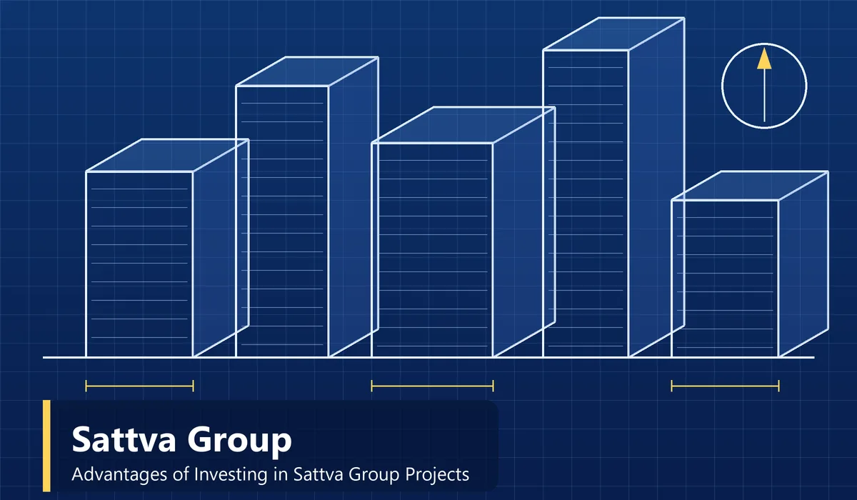 Advantages of Investing in Sattva Group Projects - blueprint style illustration of residential and commercial towers
