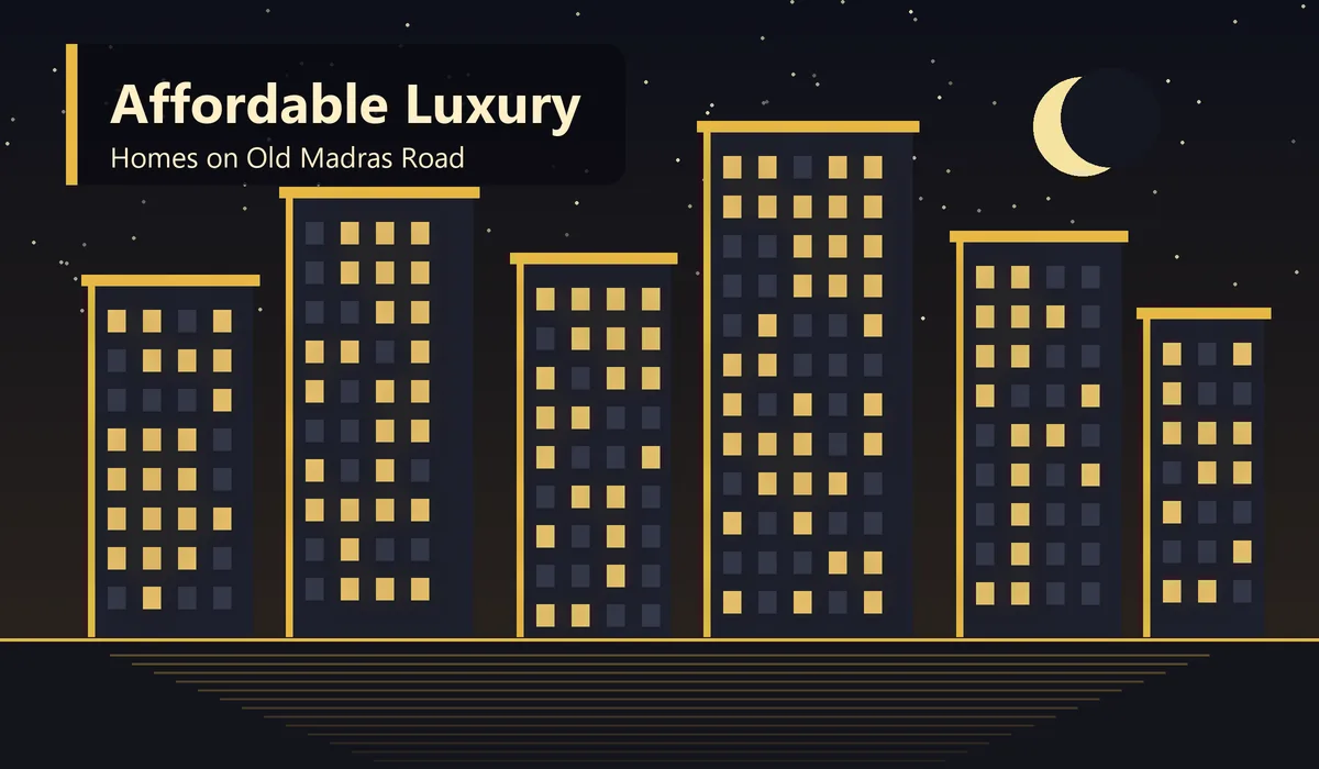 Affordable Luxury Homes on Old Madras Road - night skyline illustration of luxury apartment towers with golden lit windows