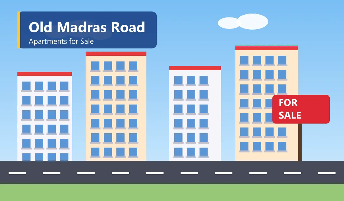 Apartments for Sale on Old Madras Road - illustration of apartment buildings beside Old Madras Road with a for sale sign