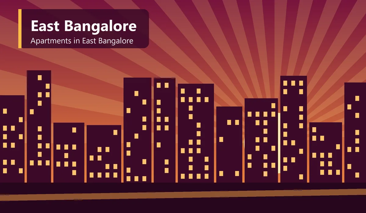 Apartments in East Bangalore - illustration of residential towers along an eastern city corridor with a location marker