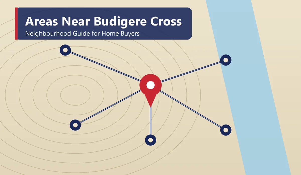 Areas Near Budigere Cross - illustration of a neighbourhood area map with connecting roads and pins