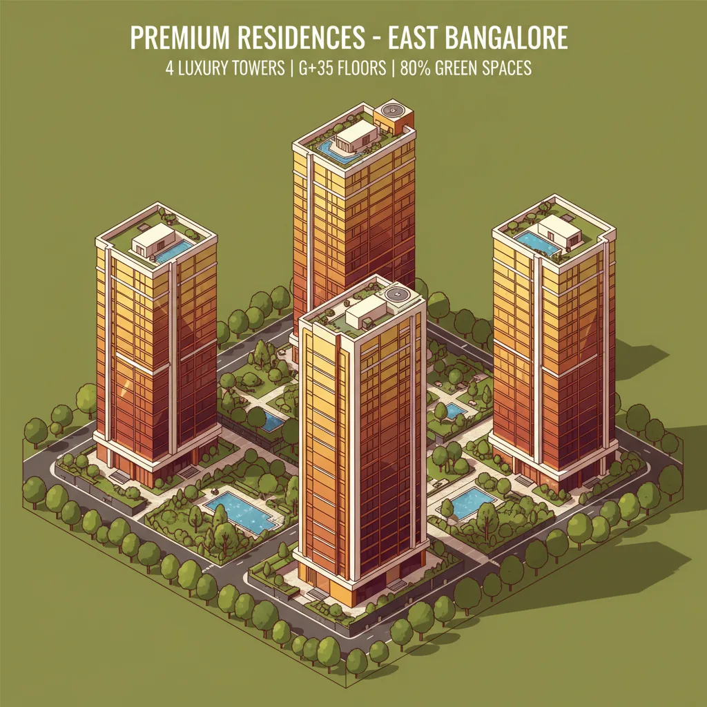 Modern luxury high-rise residential towers at sunset - Sattva Aangane in East Bangalore with G+35 floors and lush green gardens