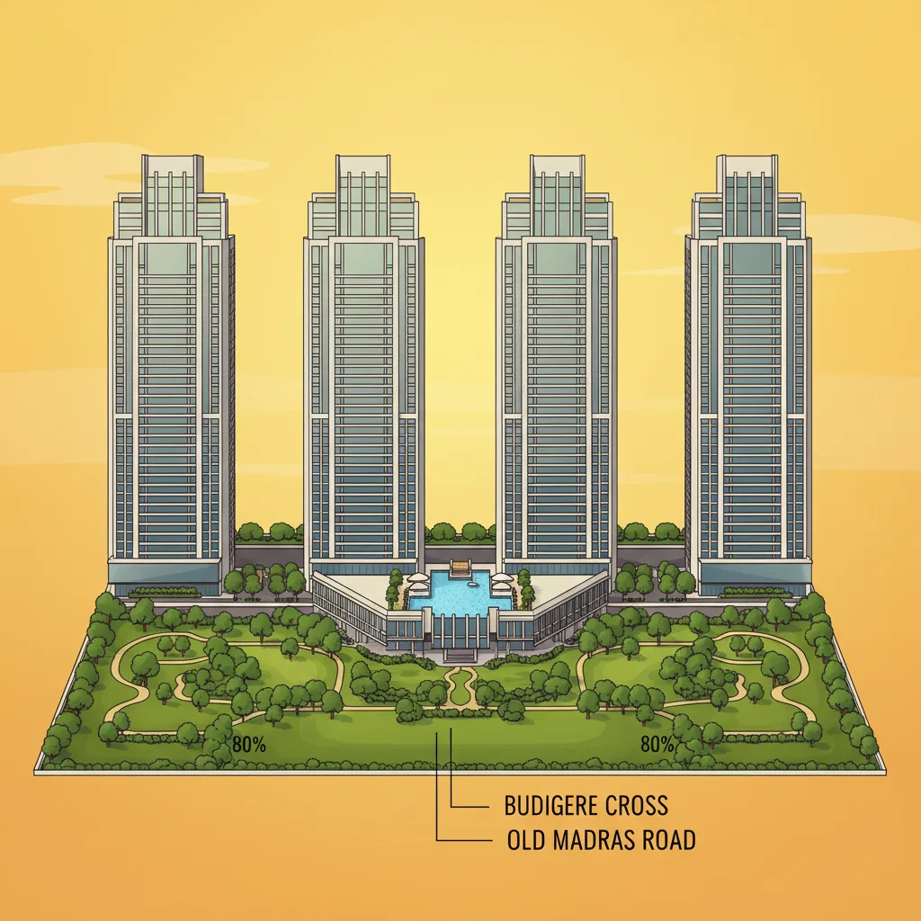 Modern luxury high-rise residential towers at Sattva Aangane in Budigere Cross with G+35 floors, rooftop infinity pool, and 80% landscaped green gardens