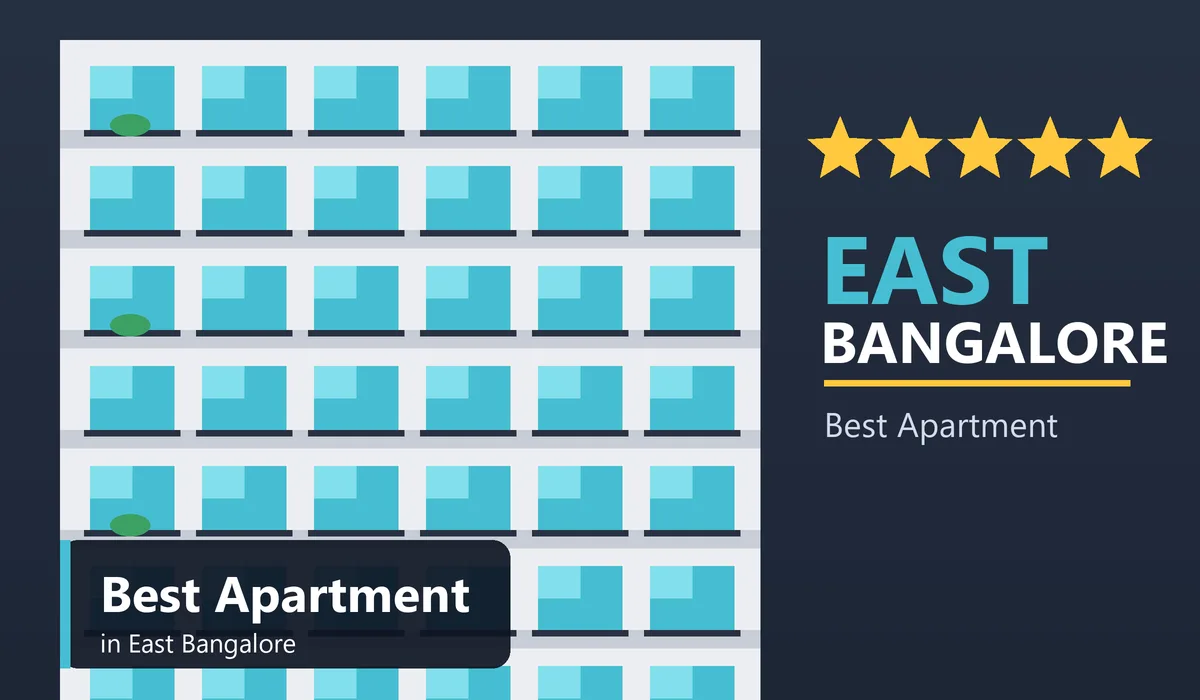 Best Apartment in East Bangalore - illustration of a premium apartment tower with a location pin and rising sun