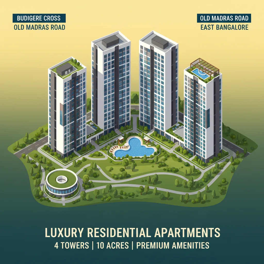 Modern luxury residential apartment complex with 4 high-rise towers on 10 acres at Budigere Cross, Old Madras Road - Sattva Aangane