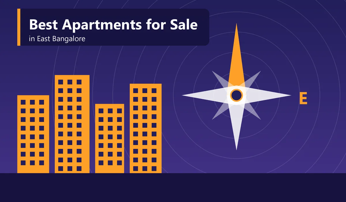 Best Apartments for Sale in East Bangalore - illustration of a house key and for sale tag in front of apartment towers