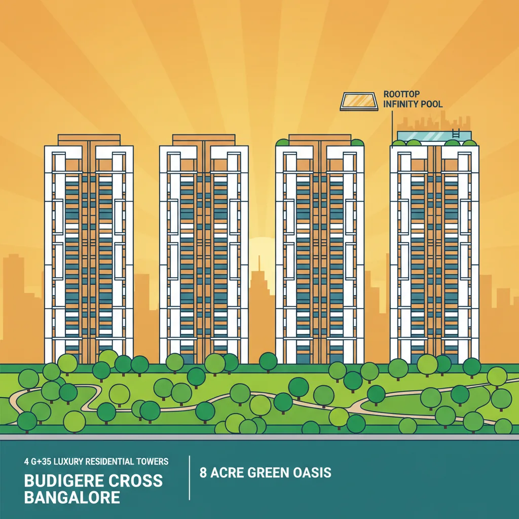 Modern luxury high-rise residential towers at sunset, 4 G+35 floor buildings surrounded by lush 8-acre green gardens and parks, rooftop infinity pool with skyline views at Budigere Cross Bangalore