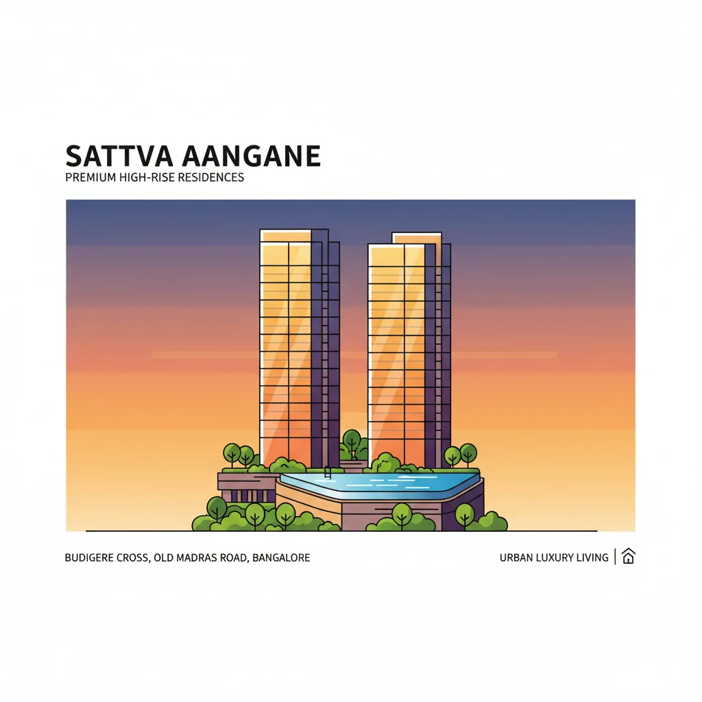 Modern architectural visualization of Sattva Aangane premium high-rise residential towers at sunset with rooftop infinity pool