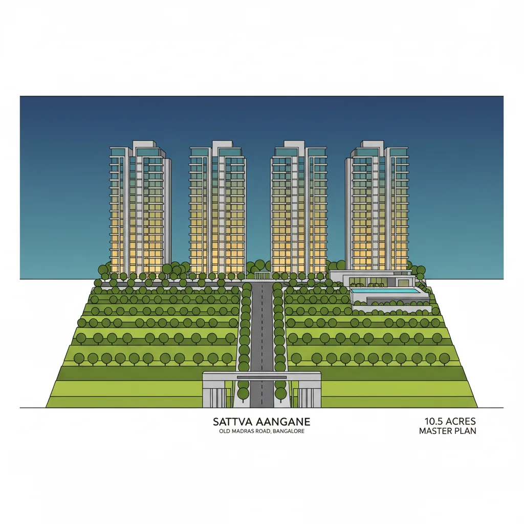 Modern architectural visualization of Sattva Aangane luxury residential high-rise towers on Old Madras Road, Bangalore