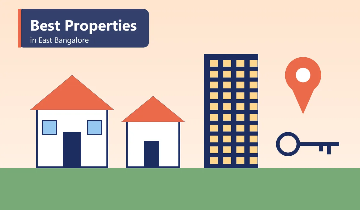 Best Properties in East Bangalore - illustration of houses and towers with a property key and location pin