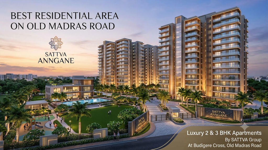 Best Residential Area on Old Madras Road - night skyline illustration of luxury apartment towers with golden lit windows