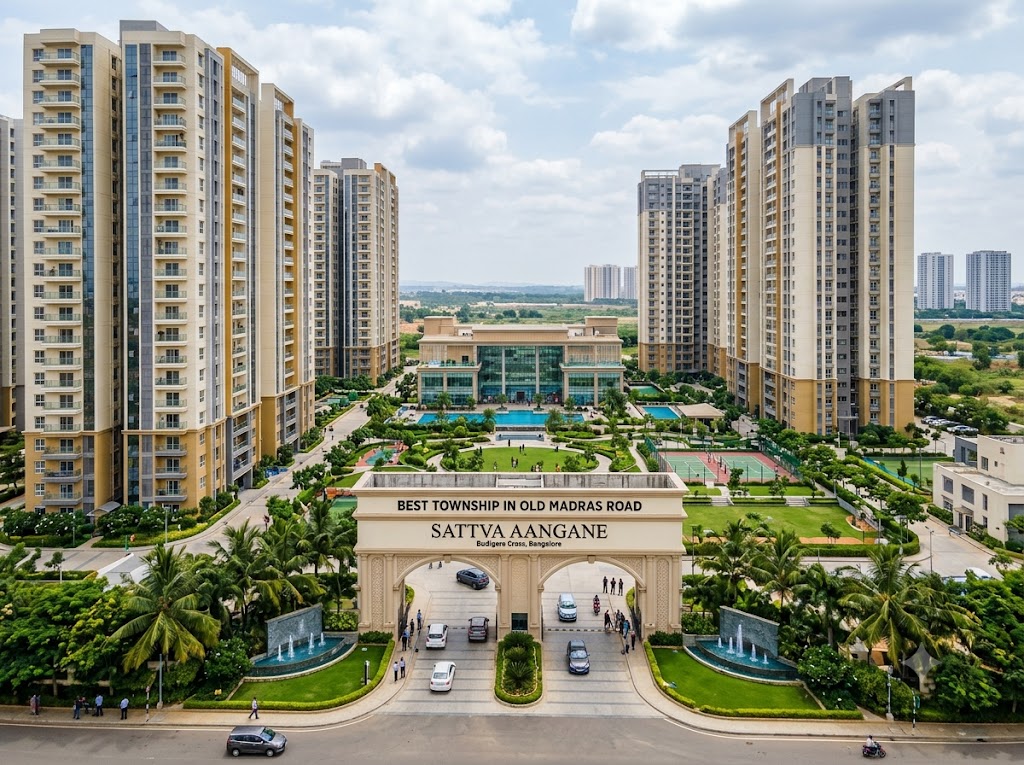 Best Township in Old Madras Road - night skyline illustration of luxury apartment towers with golden lit windows
