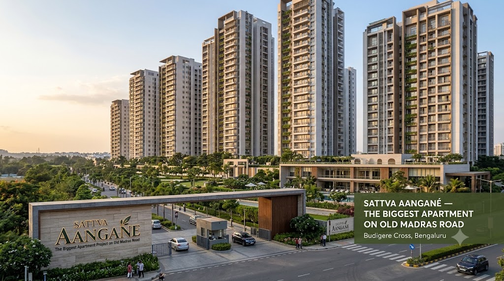 Biggest Apartment on Old Madras Road - night skyline illustration of luxury apartment towers with golden lit windows