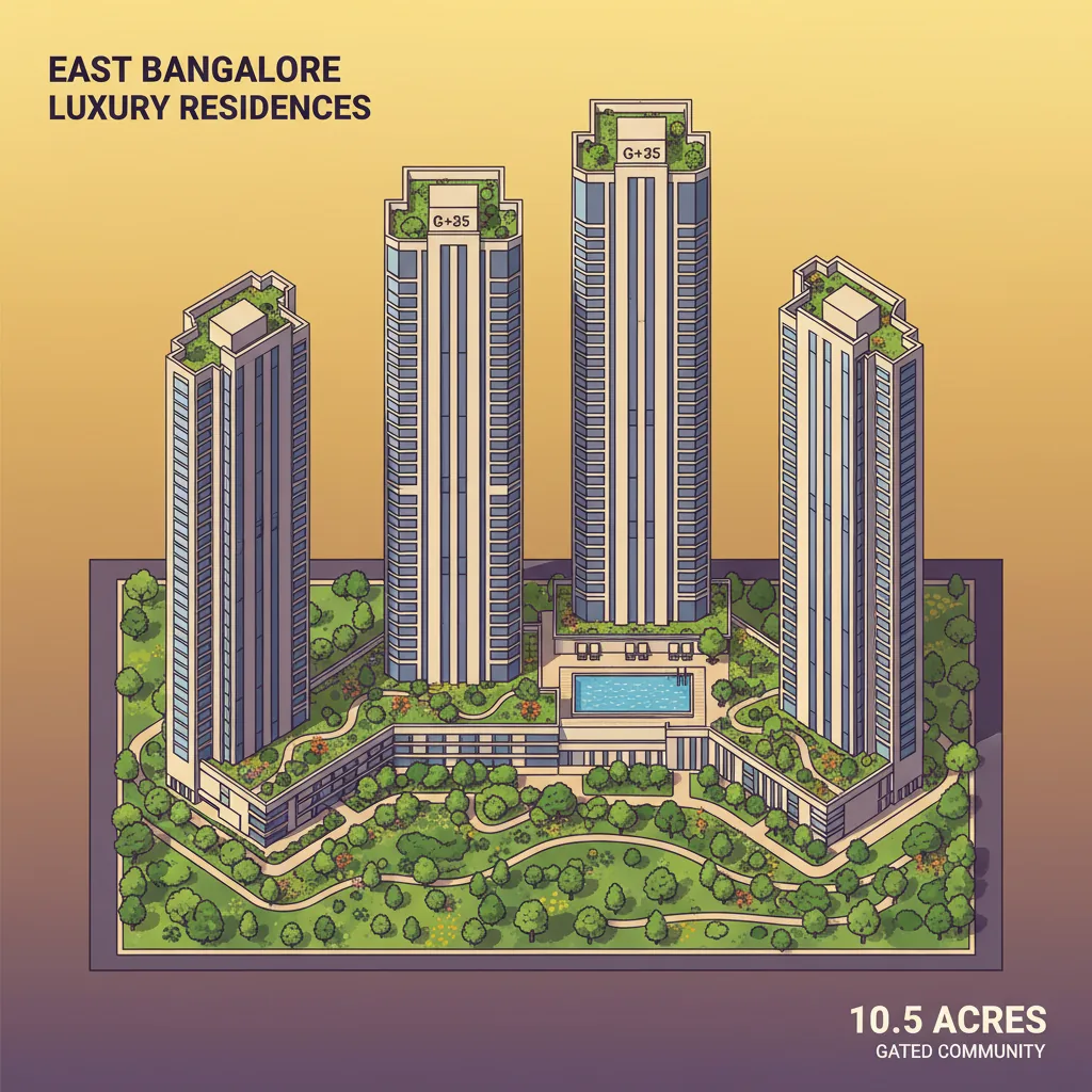 Sattva Aangane luxury high-rise residential towers at sunset with rooftop pool and landscaped gardens in Budigere Cross, East Bangalore
