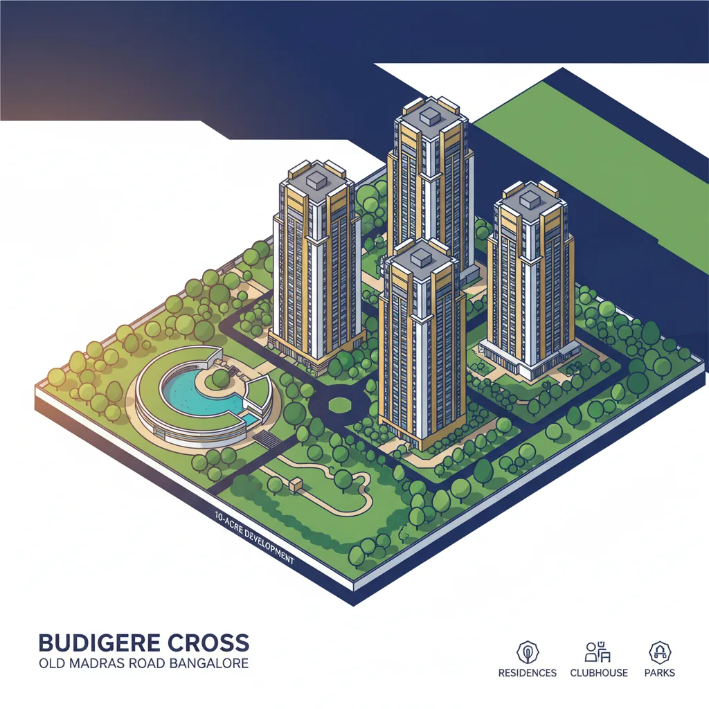 Aerial view of Sattva Aangane luxury township at Budigere Cross, Old Madras Road with 4 high-rise towers, lush green gardens, and premium clubhouse