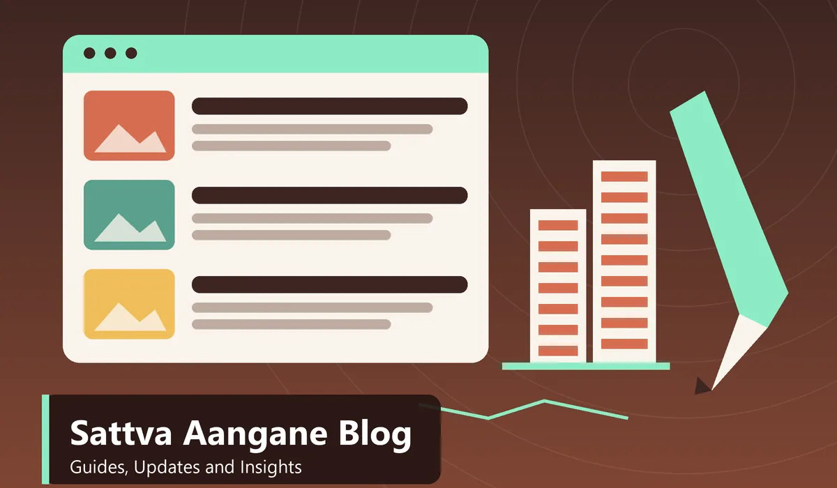 Sattva Aangane Blog - illustration of a blog feed with article cards, a pen and residential towers