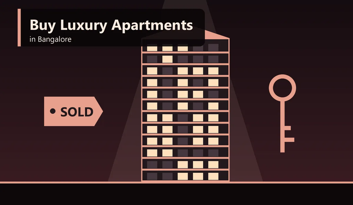 Buy Luxury Apartments in Bangalore - illustration of a luxury apartment tower with a key and a sold tag