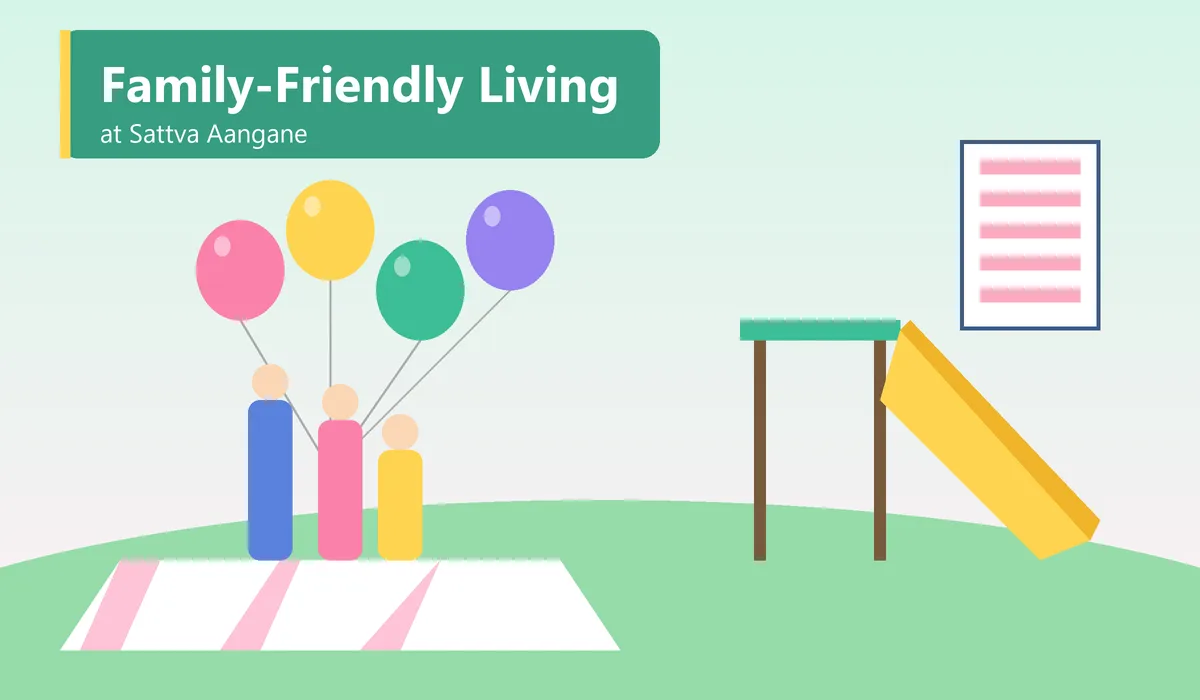 Family Friendly Living at Sattva Aangane - illustration of a kids play area, a family on a picnic blanket and a tower