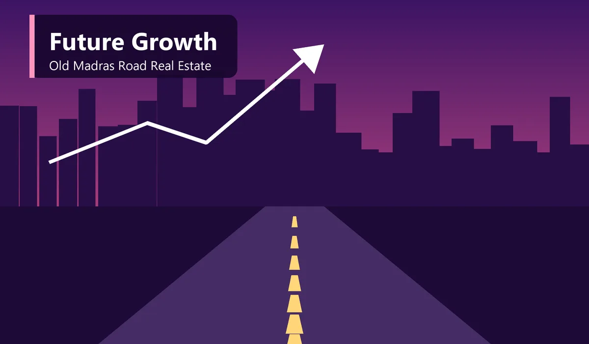 Future Growth of Old Madras Road Real Estate - illustration of a road leading to rising city towers and a growth arrow