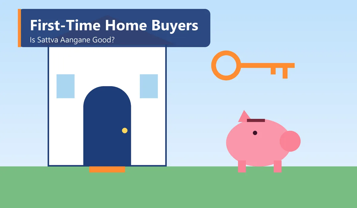 Is Sattva Aangane Good for First Time Home Buyers - illustration of a first home key, a signpost and a savings jar