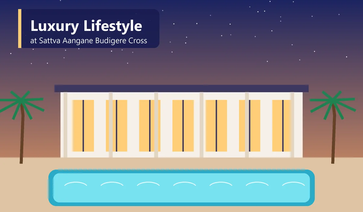 Luxury Lifestyle at Sattva Aangane Budigere Cross - illustration of a clubhouse, swimming pool and lounge chairs at dusk