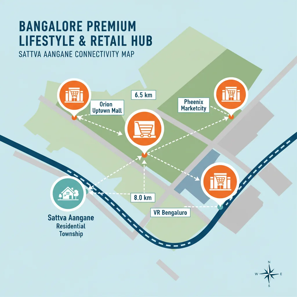 Modern infographic showing luxury residential high-rise with nearby shopping mall icons connected by dotted lines indicating drive distances from Sattva Aangane to Orion Uptown, Phoenix Marketcity, VR Bengaluru and Nexus Shantiniketan malls