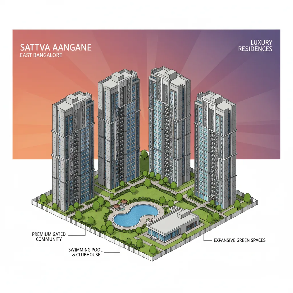 Modern luxury high-rise residential apartment towers at Sattva Aangane, East Bangalore - four elegant towers with landscaped gardens