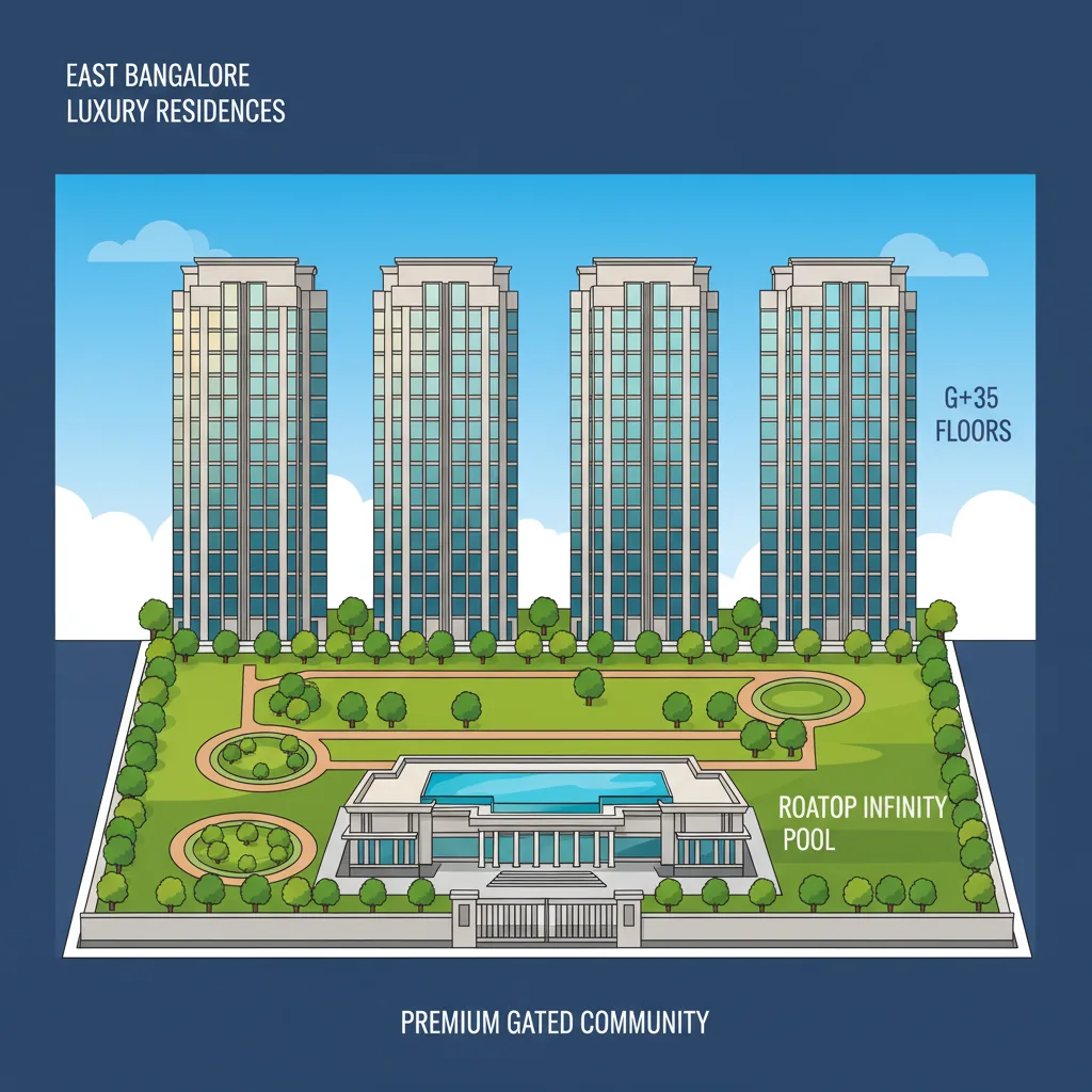 Modern luxury high-rise residential towers at Sattva Aangane in East Bangalore, featuring 4 elegant G+35 floor buildings with glass facades, landscaped gardens, and premium clubhouse with rooftop pool