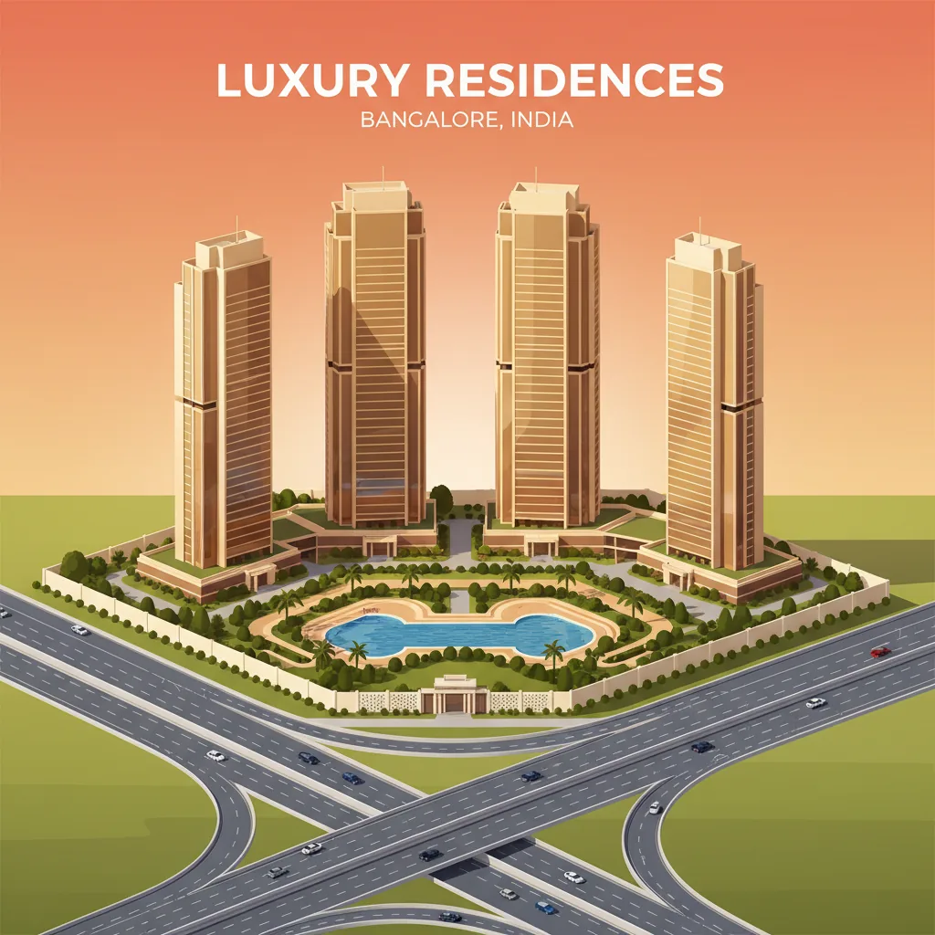 Sattva Aangane luxury high-rise residential towers at sunset - modern 4-tower gated community with landscaped gardens at Budigere Cross, Old Madras Road