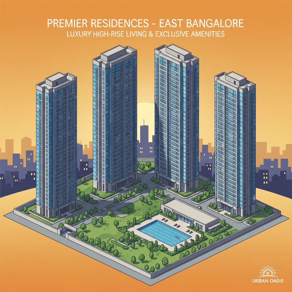 Modern luxury high-rise residential apartment towers at sunset, aerial view of premium gated community with lush green landscape and rooftop amenities