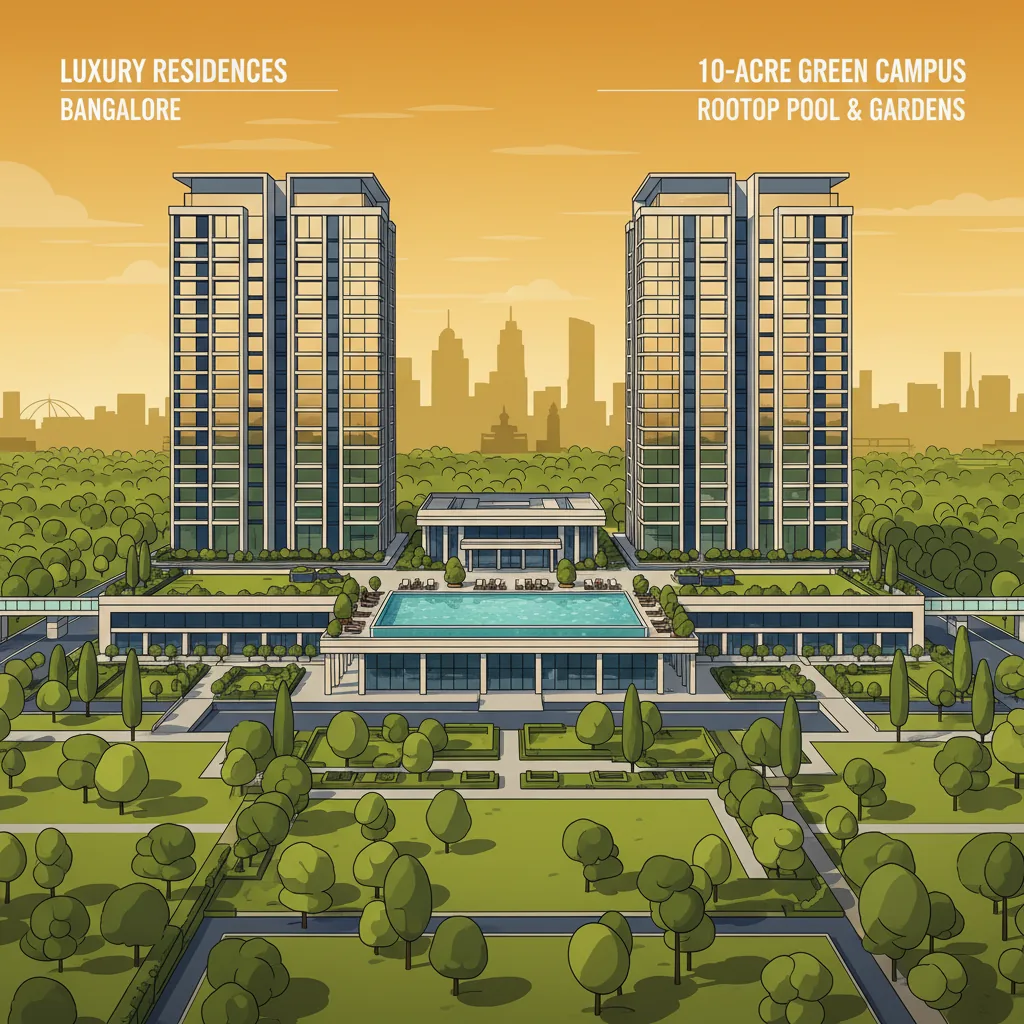 Aerial view of Sattva Aangane luxury residential towers at sunset with rooftop pool on 10-acre green campus and Bangalore skyline