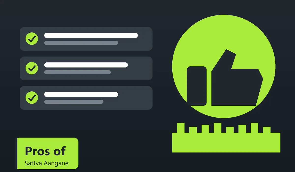 Pros of Sattva Aangane - illustration of a checklist of benefits with thumbs up, towers and a green tick