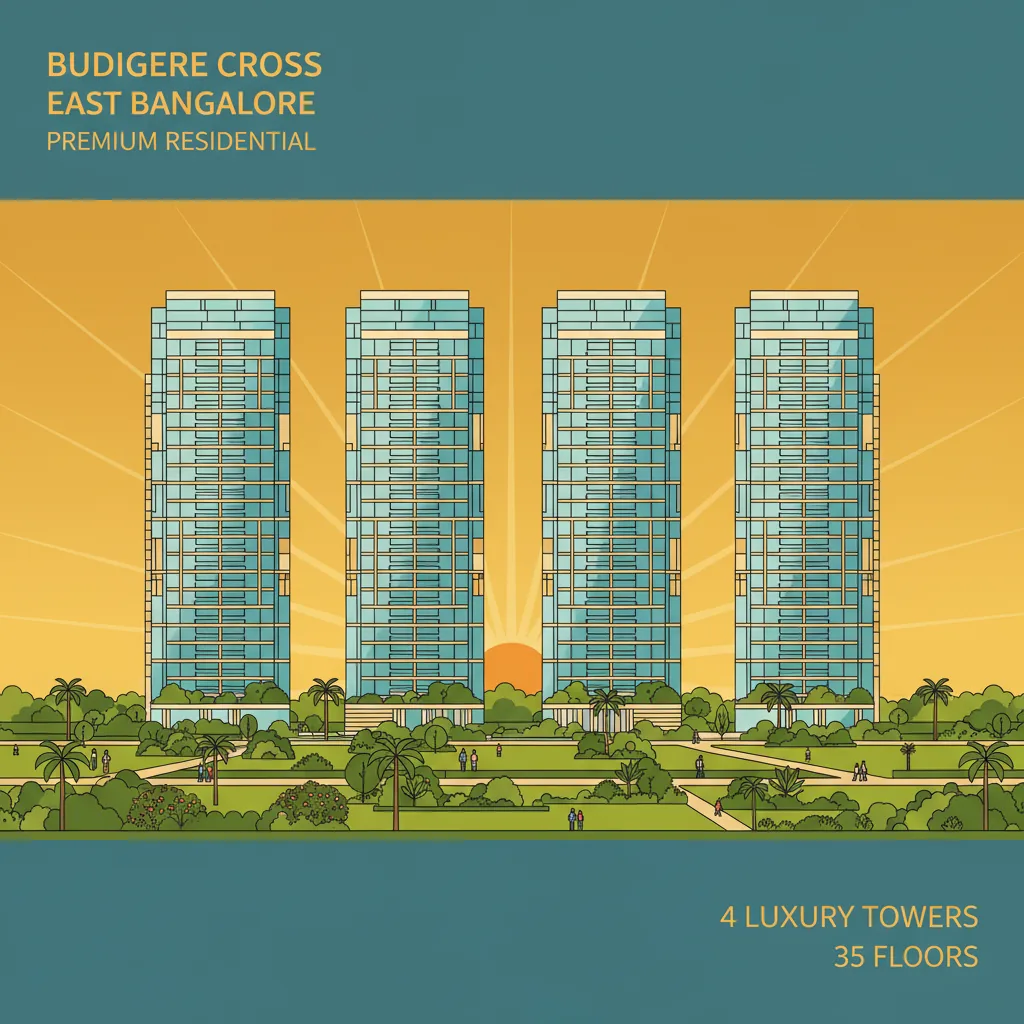 Sattva Aangane Advantages - Modern luxury residential high-rise towers with glass facades at Budigere Cross East Bangalore, 35-floor towers surrounded by lush green gardens at sunset