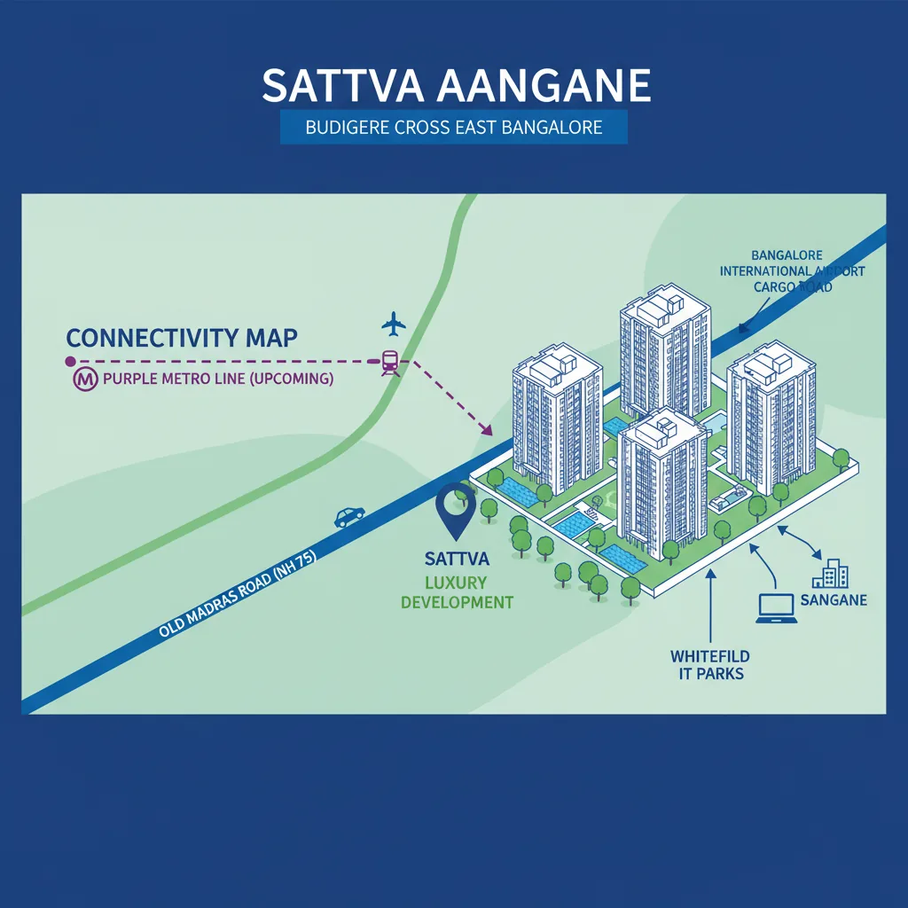 Sattva Aangane connectivity infographic showing road, metro, and airport links at Budigere Cross East Bangalore