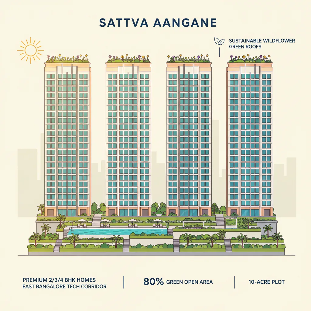 Sattva Aangane luxury residential apartment towers with green podium gardens, rooftop swimming pool, and sustainable wildflower green roofs in East Bangalore tech corridor