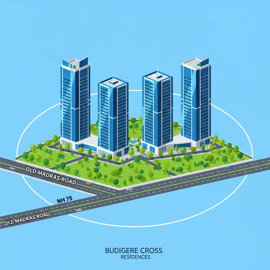 Modern luxury residential apartment complex with 4 high-rise towers at Budigere Cross, Bangalore. Aerial view showing towers with glass facades surrounded by lush green gardens and parks.