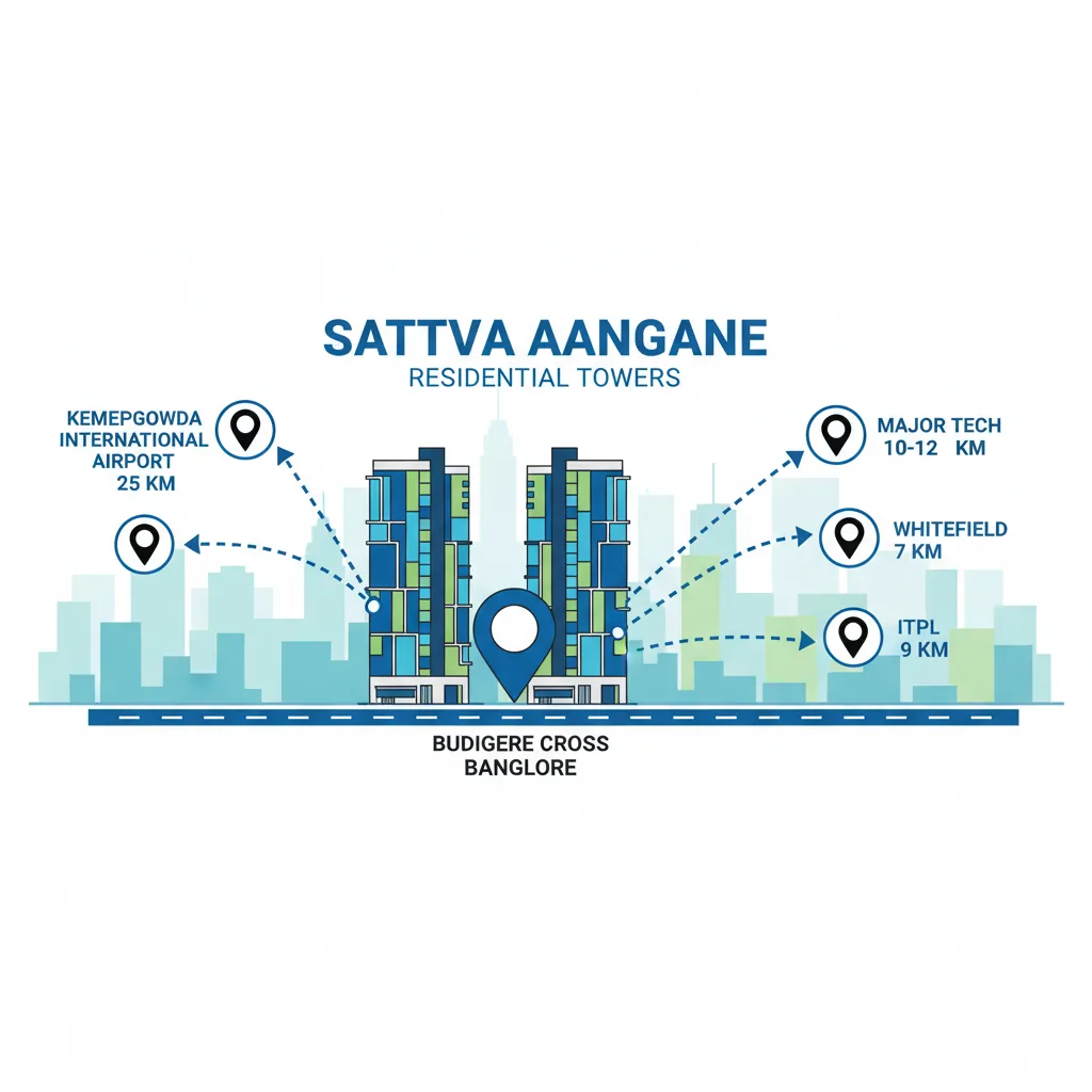 Sattva Aangane connectivity map showing distances to Whitefield IT corridor, KR Puram, International Airport, and Purple Line Metro at Budigere Cross