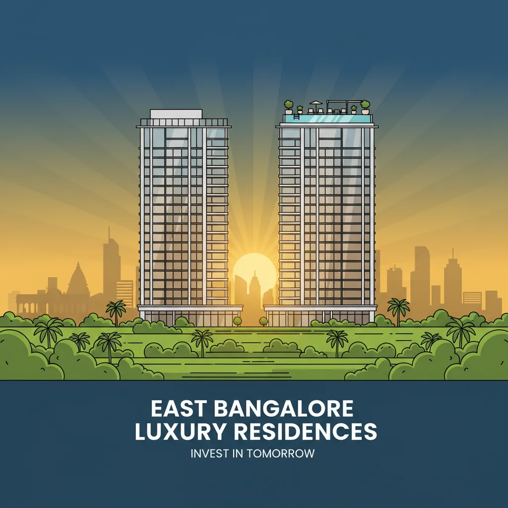 Modern luxury residential high-rise towers at sunset, lush green landscaped gardens in foreground, rooftop swimming pool visible, contemporary architecture, East Bangalore cityscape in background, premium real estate visualization, warm golden hour lighting, clean architectural photography style