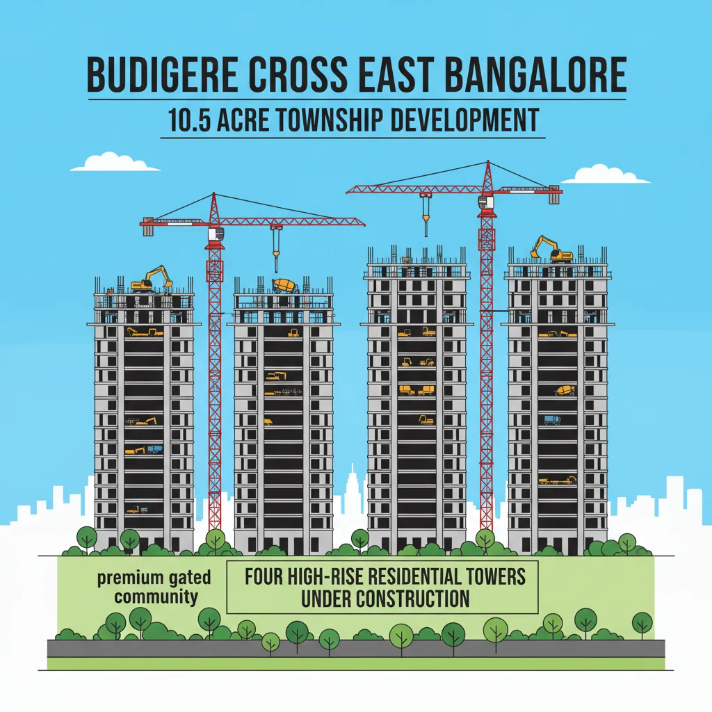 Sattva Aangane construction site at Budigere Cross showing four high-rise towers under construction with cranes and green landscaping