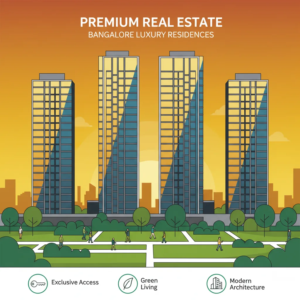 Sattva Aangane Launch Date - Modern luxury residential apartment towers at sunset, 4 high-rise buildings with glass facades, lush green landscaping with parks and trees in foreground, Bangalore city skyline
