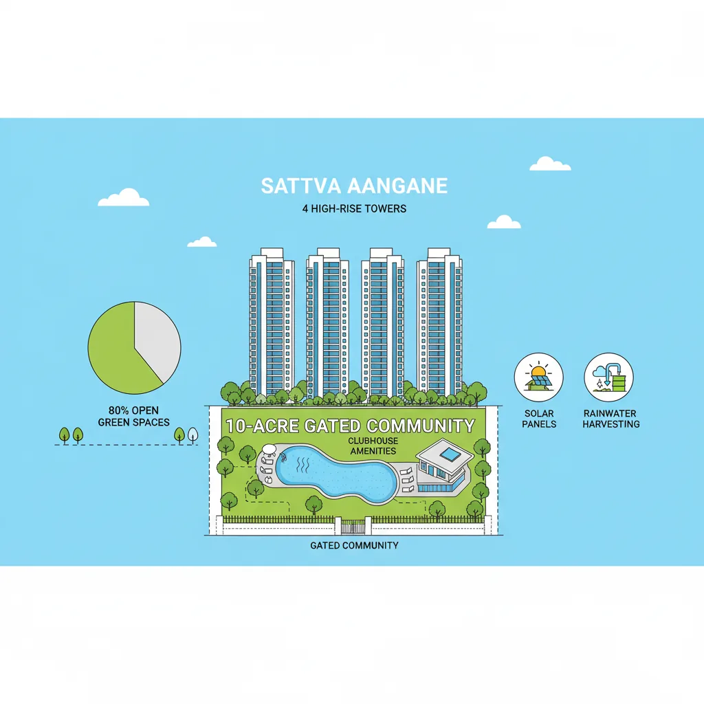 Modern luxury residential apartment complex with green landscaping, swimming pool, and clubhouse amenities at Sattva Aangane 10-acre gated community