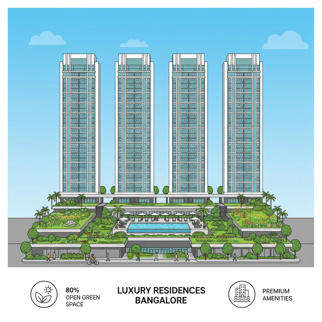 Sattva Aangane luxury residential complex with 4 high-rise towers, green podium gardens, rooftop pool, and wildflower green roof at Budigere Cross, Bangalore