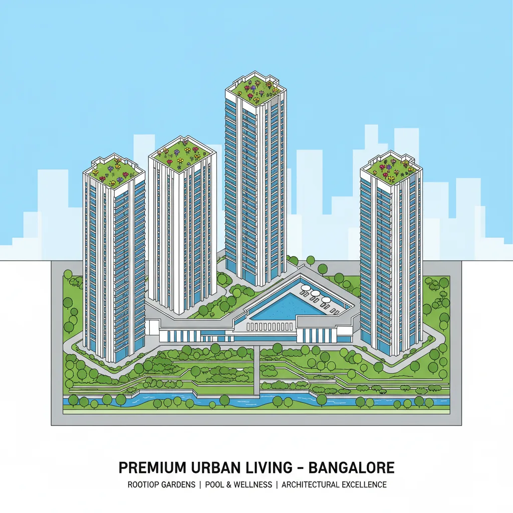 Sattva Aangane Video - Modern luxury residential high-rise apartment complex aerial view with rooftop gardens and pool
