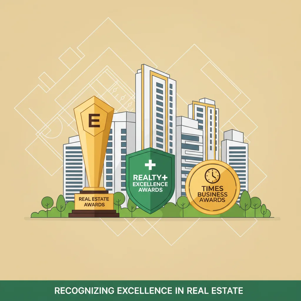 Sattva Group Awards - Professional infographic showing real estate awards and trophies with modern high-rise residential towers