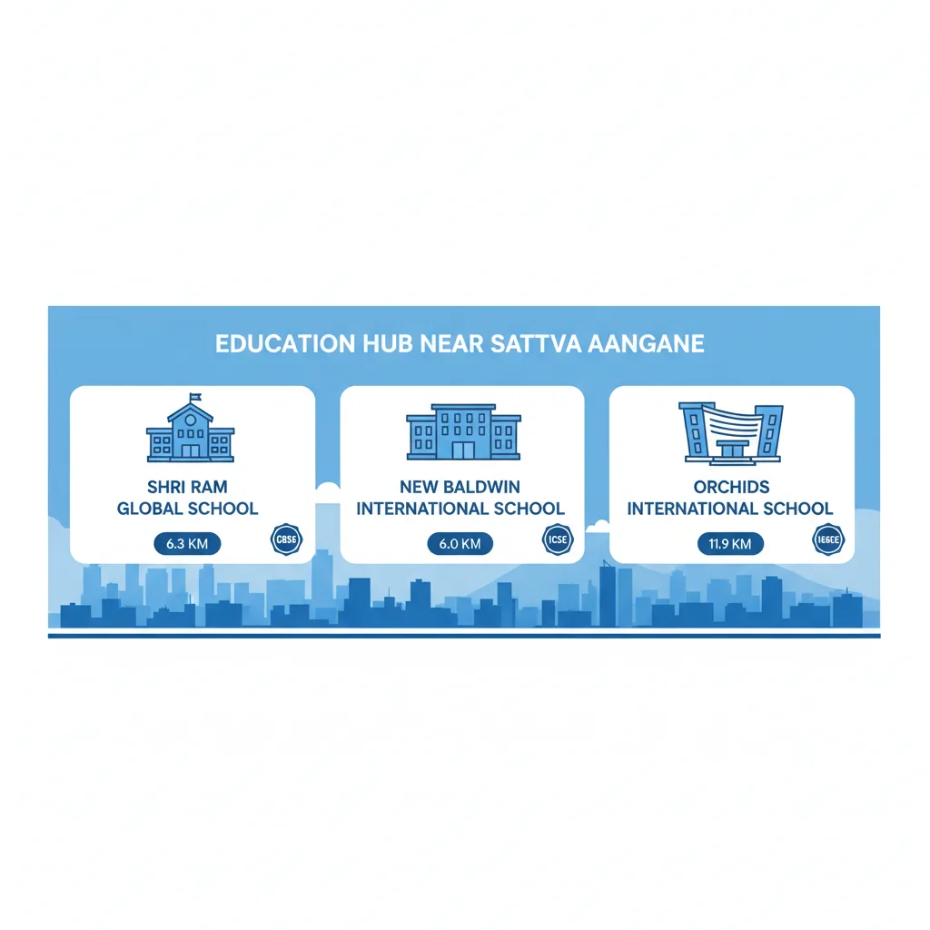 Schools near Sattva Aangane - Modern infographic showing residential towers at Budigere Cross with nearby schools and family-friendly amenities