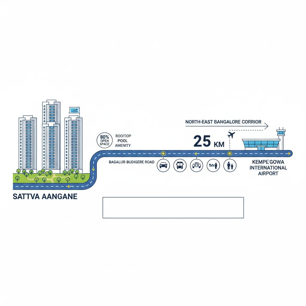 Sattva Aangane Airport Connectivity - Infographic showing residential towers and airport route